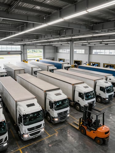 Wide shot of a modern logistics distribution hub interior at daylight, rows of semi-trailer trucks docked at loading bays, forklifts in motion, high ceiling industrial architecture conveying operational scale and infrastructure seriousness