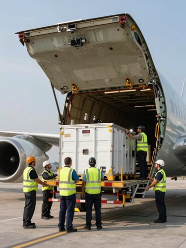 Close-up of cargo being loaded into a freighter aircraft hold, ground crew with high-visibility vests directing operations, airport tarmac in natural daylight, industrial precision evident