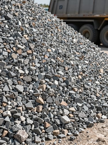 Close environmental shot of a large gravel pile freshly dumped at a landscaping job site, coarse stone texture filling the foreground, a dump truck tailgate visible in the upper right, daylight conditions, no people