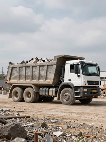 Wide shot from job-site level, a heavy-duty dump truck fully loaded with construction debris parked on a work site in full daylight, cab facing right, concrete and rubble visible in bed, overcast sky above