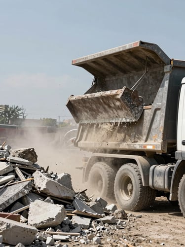 Environmental shot at a construction site, debris and broken concrete being shoveled into a dump truck bed in flat daylight, dust mid-air, rubble pile to the left, truck door visible on the right edge
