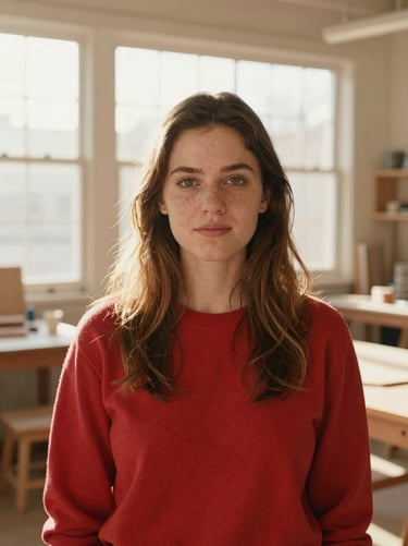 Medium-close portrait of Clara Sterling in a bright community workshop space, warm natural window light, shallow depth of field