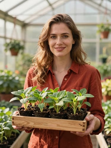 Medium-close portrait of Elena Vance in a sunlit greenhouse, holding a wooden tray of seedlings, warm natural light, shallow depth of field