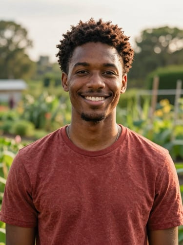 Medium-close portrait of Marcus Brody in an outdoor school garden, smiling, soft overcast daylight, lush green foliage in background