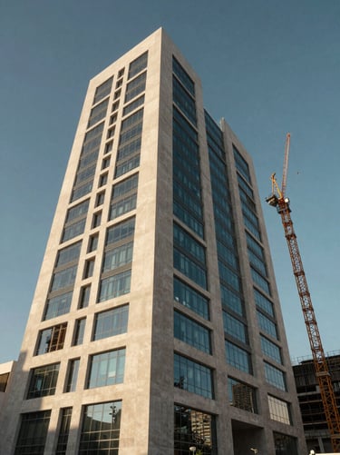 Wide-angle architectural photograph of a commercial building facade in Dubai under clear afternoon light, geometric concrete and glass surfaces, construction crane visible to the right third, low horizon line giving generous sky above, no people, emphasising structural scale and material precision