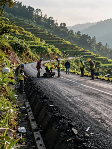 Close environmental photograph of a newly completed road cutting through a terraced hillside in rural Nepal, early morning light, local workers in high-visibility gear inspecting the surface, lush green slopes receding to the left, strong foreground detail of fresh tarmac and drainage channel