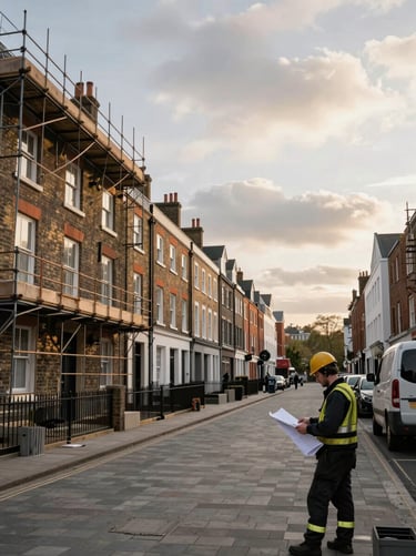 Long sightline photograph down a regenerating urban street in northern England, late afternoon light, scaffolded Victorian brick buildings mid-renovation to the left, fresh paving underway, a local contractor reviewing plans in the foreground, overcast sky giving soft even light