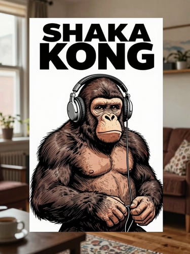 Shaka Kong comic book cover, humorous illustration of a giant friendly ape wearing retro headphones in a cozy Brooklyn apartment, rich ink line art