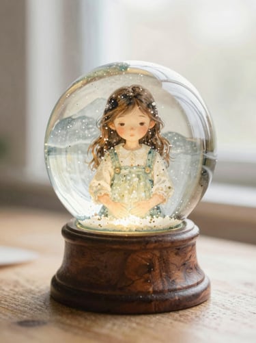 Carrie and the Snow Globe cover art, whimsical watercolor illustration of a young girl holding a glowing glass sphere, soft morning light, rich paper texture
