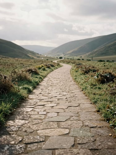Dappled sunlight on a warm stone path winding through a quiet valley, soft overcast daylight, 35mm film.