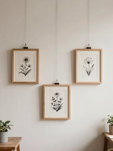 A set of three small minimalist frames containing ink drawings of forest flowers, hanging on a warm off-white wall in a bright, peaceful artist studio.