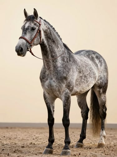 Stately grey Westphalian mare standing square in a clean grooming bay, polished leather halter, perfect conformation, soft morning light