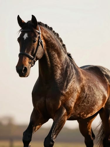 Elegant editorial photography of a dark bay Hanoverian gelding executing a perfect passage, muscular definition highlighted by soft morning light, shallow depth of field, 85mm lens