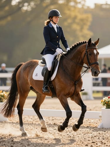 Chestnut Oldenburg gelding under saddle, rider in formal attire, executing an extended trot in a beautiful white-fenced arena, compressed background