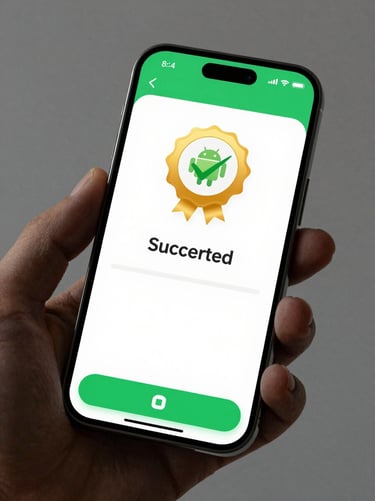 A high-fidelity Android app mockup displaying a successful transaction screen with a clean digital seal of approval, flat vector lighting, emerald green borders