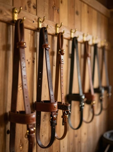 A neatly organized tack room with clean leather bridles hanging on brass hooks, warm golden-hour light, shallow depth of field