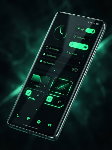 Angled high-fidelity Android smartphone mockup displaying a dark mode system interface with vibrant neon green accents, sharp glass reflections, 50mm macro lens photography
