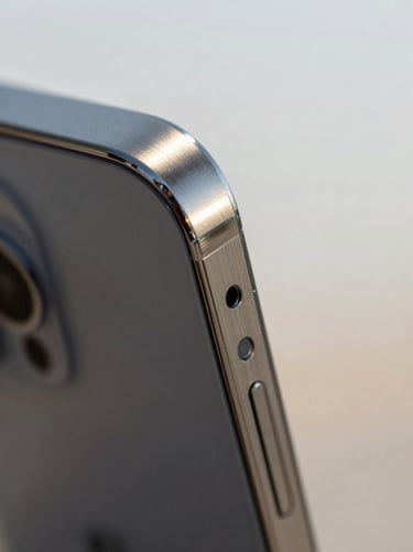 Extreme macro close-up of polished titanium and brushed glass edges of a high-end mobile device, sharp architectural shadows, diffused Dubai daylight, minimal aesthetic.