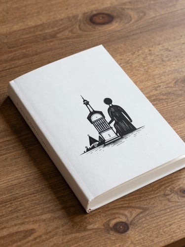 A clean physical book mockup of a novel on a wooden table, showing a textured spine and minimalist black ink cover illustration.