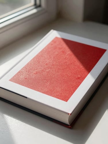 A physical hardcover book mockup with a dusty red accent markup on the cover, resting under soft window light.