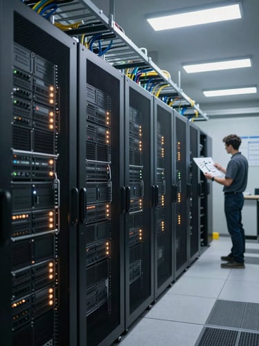Wide shot of an active server room interior, rows of rack-mounted equipment with blinking indicator lights, overhead cable management trays, a technician in the background reviewing a printed network diagram under cool fluorescent light, industrial precision visible throughout