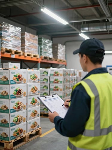 Close environmental view inside an active cold-storage warehouse, pallets of boxed agro-food product stacked under overhead fluorescent lights, a worker in a high-visibility vest checking a manifest clipboard in the foreground, condensation visible on the metal shelving, industrial scale throughout