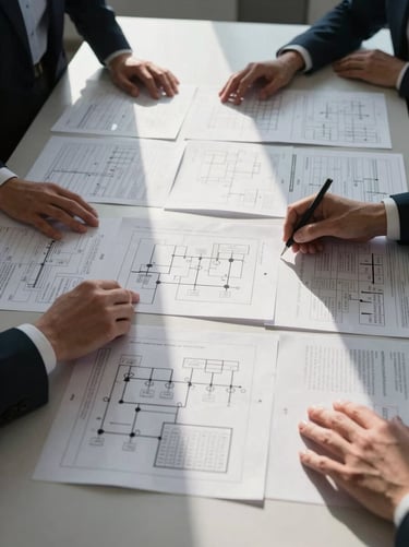 Overhead shot of a large conference table covered with printed operational flowcharts, logistics manifests and annotated process maps, two sets of hands visible reaching across documents, hard natural daylight from a side window casting sharp shadows across the paper, corporate working session in progress