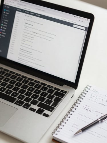 Close-up overhead shot of a laptop open to a content dashboard, a notebook with handwritten notes beside it, clean neutral desk surface under diffused daylight