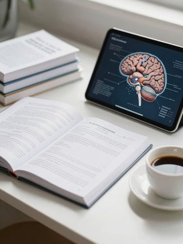 A neat study desk with medical textbooks, a digital tablet showing a brain anatomy diagram, and a clean cup of coffee, bright morning light
