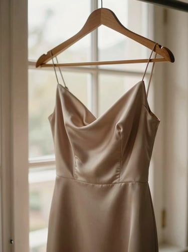Close-up of a luxurious silk evening gown hanging on a wooden hanger, warm natural window light, 35mm photography.