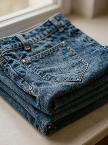 Detailed shot of high-quality blue denim jeans folded neatly, focusing on the stitching and metal rivets, warm lighting.