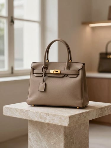 An elegant leather handbag with gold hardware resting on a minimalist stone pedestal, soft boutique lighting.