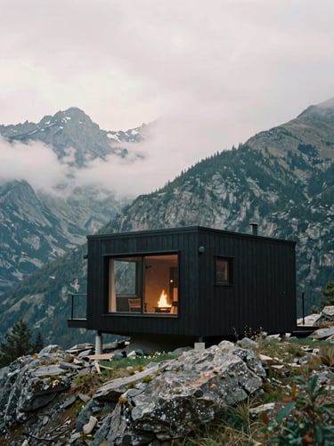 Modern black alpine cabin exterior on a rocky ridge, surrounded by mountain peaks and low clouds, overcast light, 35mm film