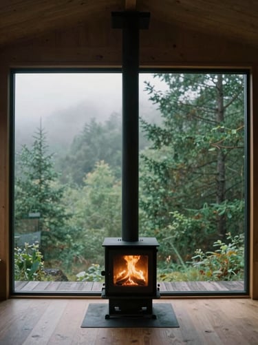 Minimalist cabin interior with large glass window showing misty green forest, warm firelight from a wood stove, 35mm film