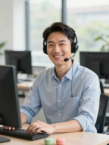 Bright environmental portrait of Dave, a friendly customer support lead in a bright airy workspace, smiling, natural daylight, 35mm