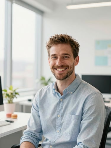 Bright environmental portrait of Marcus, a friendly IT integrator smiling in a sunlit modern office, wearing a casual shirt, soft natural daylight, 35mm