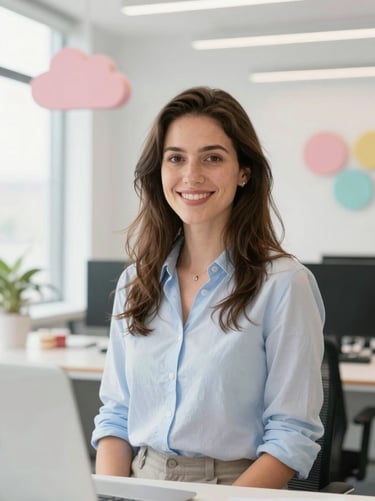 Bright environmental portrait of Sarah, a friendly female cloud architect in a modern bright office space, soft daylight, pastel accents, 35mm