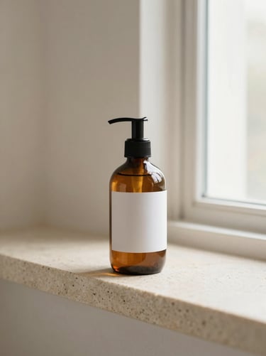 Minimalist product photography, elegant 500ml amber glass liquid soap bottle with pump, sitting on a light travertine stone shelf, minimal label, soft morning window light, 35mm