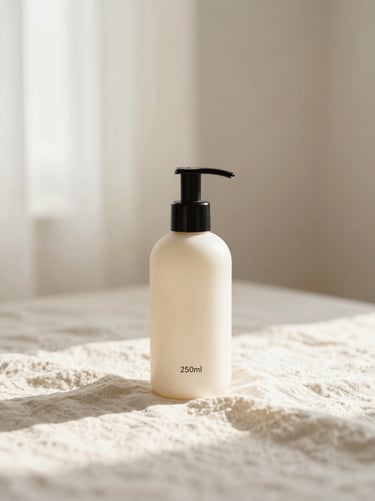 Minimalist product photography, minimalist 240ml lotion bottle with black pump on a soft linen cloth, warm morning light, soft shadows, shallow depth of field, 35mm