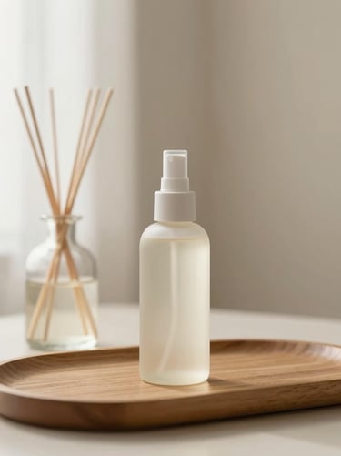 Minimalist product photography, aesthetic room spray bottle 100ml next to a reed diffuser 250ml on a wooden tray, warm neutral background, soft morning light, 35mm