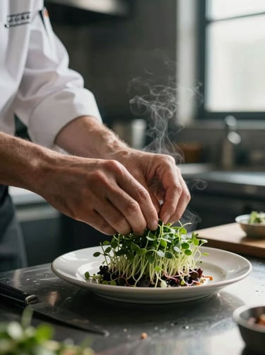 Close-up of a chef's hands carefully placing microgreens on a steaming dish at the kitchen pass, soft directional window light, dark moody background.