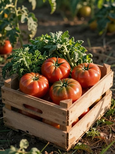 A wooden crate filled with freshly harvested heirloom tomatoes and organic herbs sitting in a sunlit field, high shadow contrast, natural warm tones.