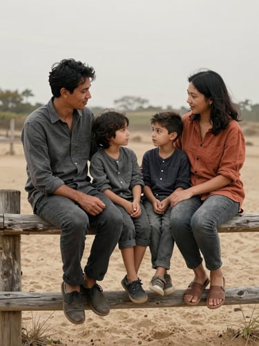 A family sitting together on a weathered wooden fence, sharing a story. The atmosphere is warm and authentic. Charcoal and terracotta accents in their clothing contrast beautifully with the soft sand environment.