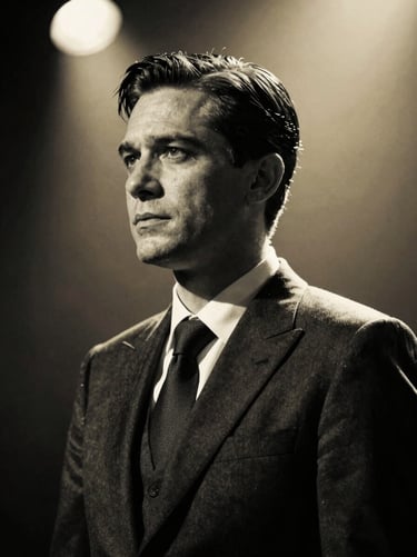 High-contrast black and white theatrical headshot of a sharp-featured actor in a tailored suit, dramatic side lighting, 35mm film.
