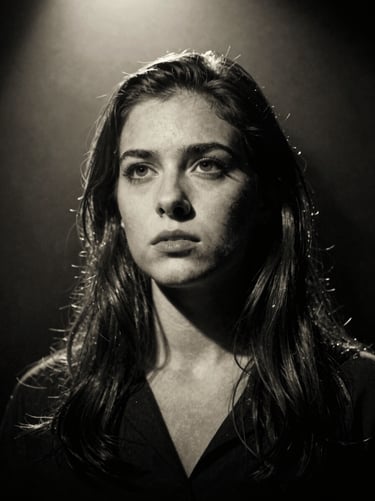 High-contrast black and white theatrical headshot of a young woman, intense and focused expression, soft theatrical haze, 35mm film.