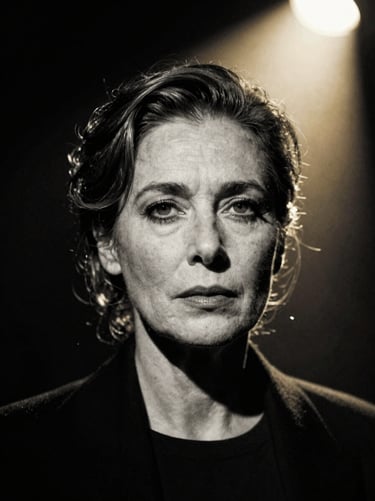 High-contrast black and white theatrical headshot of a mature actress, intense gaze, dramatic spotlight casting deep shadows, 35mm film.