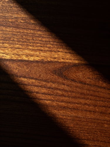 Macro detail of raw exotic hardwood grain, high-contrast dark shadows, golden-hour side-lighting highlighting the wood fibers