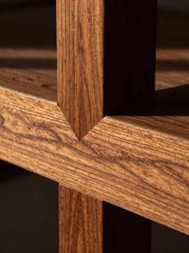 Macro close-up of heavy structural mortise-and-tenon timber joint, warm side-lighting, rich walnut brown grain, high-contrast shadows
