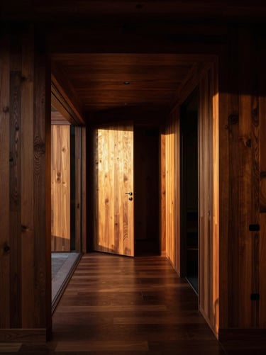 Symmetrical architectural shot of a luxury wooden home interior, hand-polished wall panels, deep rich wood tones, dramatic low-key lighting