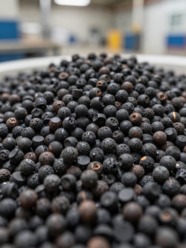 Macro close-up of clean black recycled rubber granules, crisp neutral daylight, industrial sorting facility background, sharp focus